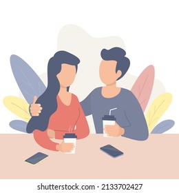 Young man and woman sitting at the table and drinking coffee, Vector flat modern illustration.