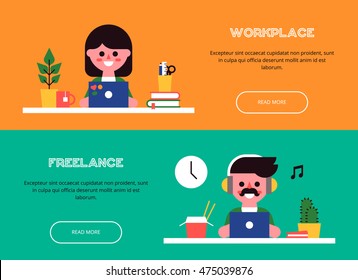 Young man and woman are sitting at the table and working at laptops. Set of cool banners.  View of the workplace. Vector colorful illustration in a flat style.
