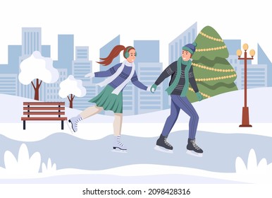 A young man and a woman skate in winter. A couple in love is having fun on a date. Flat vector illustration