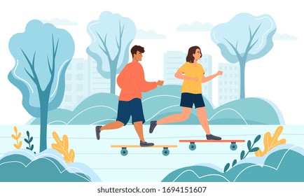 Young man and woman skateboarding in the park. Active lifestyle, training, cardio exercising concept. Flat vector illustration