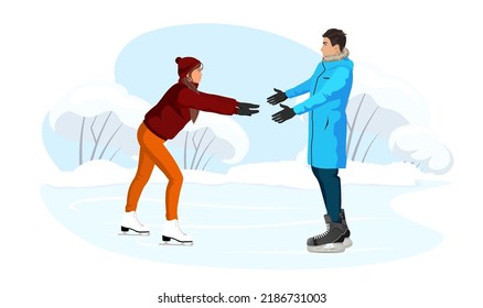 Young man and woman skating on ice. Winter snowy season holiday sport activity. Lovely skaters enjoy of skates on blue ice rink, frozen lake, river. Romantic meeting boy and girl. Vector