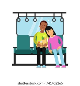 Young man and woman sleeping in the train cartoon vector illustration