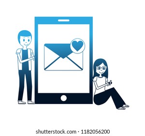 young man and woman with smartphone email love