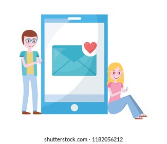 young man and woman with smartphone email love