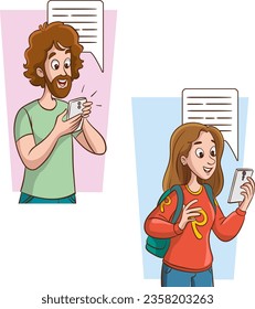 Joven hombre y mujer con smartphones enviando mensajes de texto. Ilustración vectorial al estilo de las caricaturas.