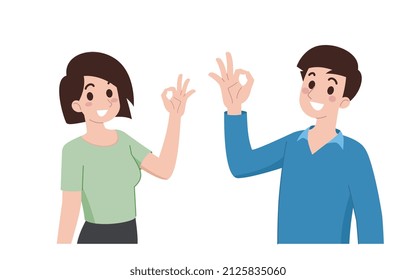 A young man and a woman smile and do the hand gesture ok or feel fine sign. Cartoon characters show their hands to prove the product or goods is good quality for advertising.