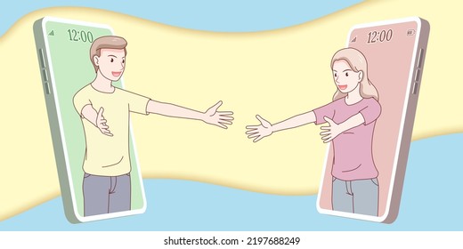 young man and woman smiling with arms open for hug out of the smartphone on paper cut background. hand drawn with thin lines style.