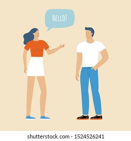 Young man and woman smiling and talking to each other cartoon flat  vector illustration. Cute friendship characters.