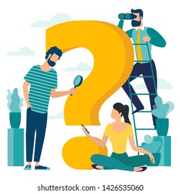 Los jóvenes y las mujeres jóvenes están resolviendo problemas. Marca de preguntas, buscando solución. Ilustración vectorial de diseño plano para presentación, infografía y aplicación móvil.
