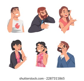 Young Man and Woman Speaking Phone Talking to Someone Vector Set