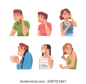 Young Man and Woman Speaking Phone Talking to Someone Vector Set