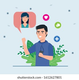 young man with woman in speech bubble and social media icons vector illustration design