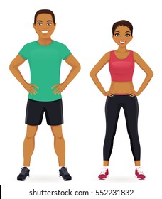 Young man and woman in sports outfits isolated