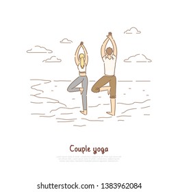 Young man and woman in sportswear standing in tree posture, concentration exercise, pilates class banner