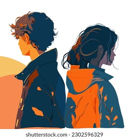 Young man and woman stand with their backs to each other vector illustration 