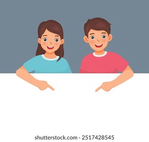 young man and woman standing behind blank sign board pointing down to empty banner for copy space advertising announcement messages 