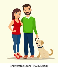 Young man and woman are standing with a dog. Vector flat style  illustration.