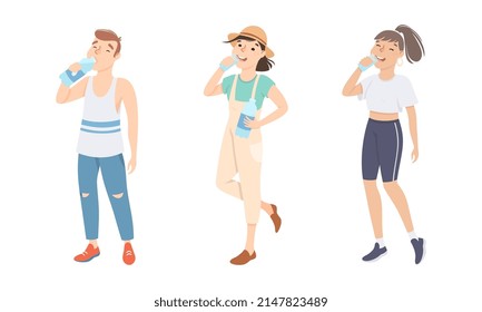 Young Man And Woman Standing And Drinking Pure Still Water From Plastic Bottle Quenching Thirst Vector Set