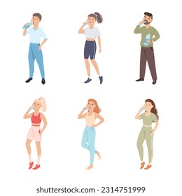 Young Man and Woman Standing and Drinking Pure Still Water from Plastic Bottle Quenching Thirst Vector Set