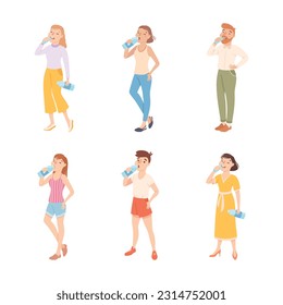 Young Man and Woman Standing and Drinking Pure Still Water from Plastic Bottle Quenching Thirst Vector Set