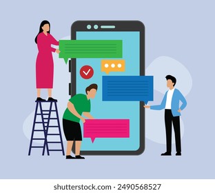 Young man and woman standing in front of the smartphone screen with browser window 2d flat vector illustration