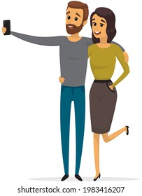 Young man and woman standing and making self portrait with mobile phone camera. Relationship and technology concept. Couple with phone is posing for joint photo. People take selfies together