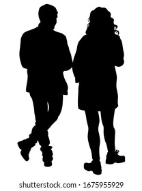 Young man and woman are standing next to each other. Isolated silhouette on a white background
