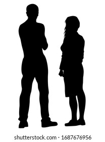 Young man and woman are standing next to each other. Isolated silhouette on a white background