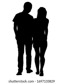 Young man and woman are standing next to each other. Isolated silhouette on a white background