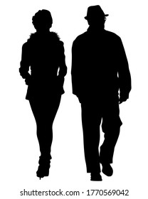 Young man and woman are standing next to each other. Isolated silhouette on a white background