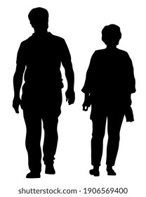 Young man and woman are standing next to each other. Isolated silhouette on a white background