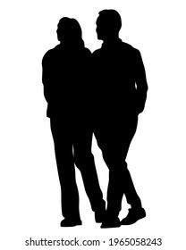 Young man and woman are standing next to each other. Isolated silhouette on a white background
