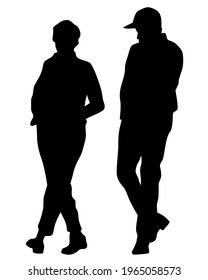 Young man and woman are standing next to each other. Isolated silhouette on a white background