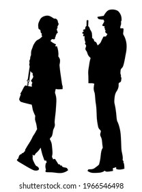 Young man and woman are standing next to each other. Isolated silhouette on a white background