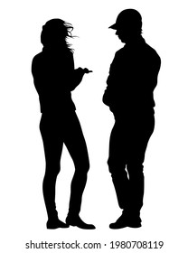 Young man and woman are standing next to each other. Isolated silhouette on a white background