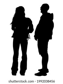 Young man and woman are standing next to each other. Isolated silhouette on a white background