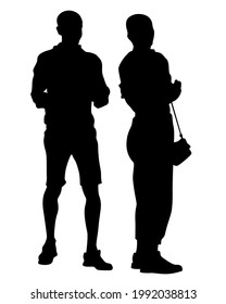 Young man and woman are standing next to each other. Isolated silhouette on a white background