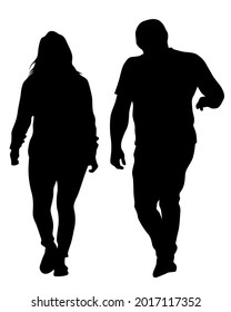 Young man and woman are standing next to each other. Isolated silhouette on a white background