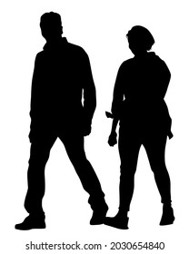 Young man and woman are standing next to each other. Isolated silhouette on a white background