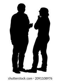 Young man and woman are standing next to each other. Isolated silhouette on a white background