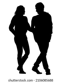 Young man and woman are standing next to each other. Isolated silhouette on a white background