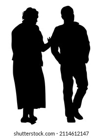 Young man and woman are standing next to each other. Isolated silhouette on a white background