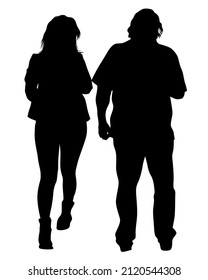 Young man and woman are standing next to each other. Isolated silhouette on a white background