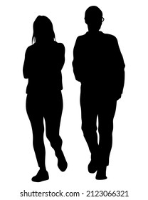 Young man and woman are standing next to each other. Isolated silhouette on a white background