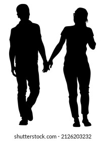 Young man and woman are standing next to each other. Isolated silhouette on a white background