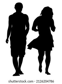 Young man and woman are standing next to each other. Isolated silhouette on a white background