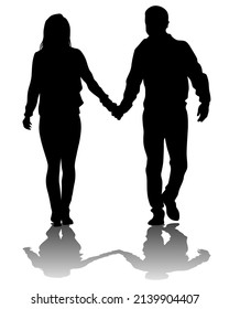 Young man and woman are standing next to each other. Isolated silhouette on a white background