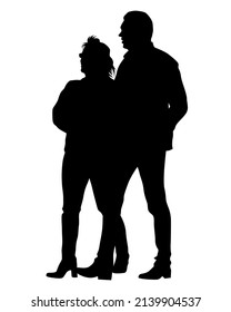 Young man and woman are standing next to each other. Isolated silhouette on a white background