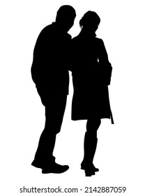 Young man and woman are standing next to each other. Isolated silhouette on a white background