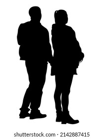 Young man and woman are standing next to each other. Isolated silhouette on a white background
